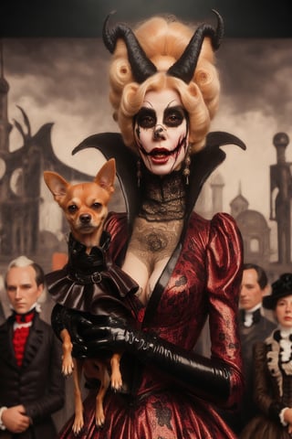 madam goobash and and her demonic chihuahua wearing the latest and greates of fashion in wholebodyrubbersuit victorian era  spicy and juicy 1800´s vintage add