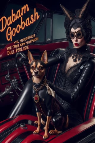 madam goobash and and her demonic chihuahua wearing the latest and greates of fashion in wholebodyrubbersuit victorian era  spicy and juicy 1800´s vintage add