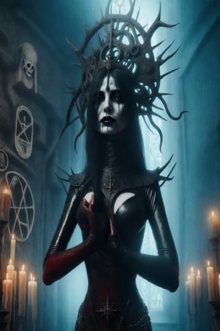 aeon old strange cathedral with occult signs and paintings sinister atmosphere surrounding the area with creepy slithering mist and eerie light a woman wearing black red ice blue and repulsive green wholebodyrubbersuitofaancient priestes with entwined dark metal crown fashion photo shoot becoming lich queen