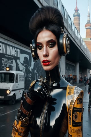 berlin megacity retro-futuristic  gangster ,she is wearing bizarre obscure wholebodyrubbersuitwithaccessories  fashion photo shoot