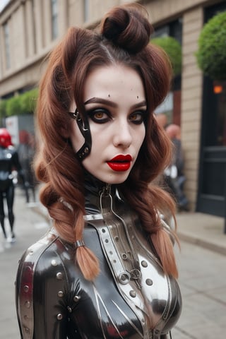 woman wearing whole body rubbersuit with straps and metal parts,she looks like pale demon,fantasy clothes obscure fantasy