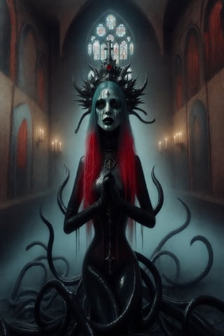 aeon old strange cathedral with occult signs and paintings sinister atmosphere surrounding the area with creepy slithering mist and eerie light a woman wearing black red ice blue and repulsive green wholebodyrubbersuitofaancient priestes with entwined dark metal crown fashion photo shoot becoming lich queen