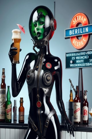 berlin megacity retro-futuristic and a strange aeon bar beer wine and fine whiskeys and coctails,she is wearing bizarre obscure wholebodyrubbersuitwithaccessories  fashion photo shoot