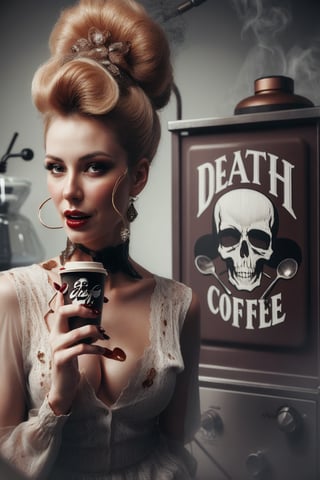 1800´s glamour model woman on coffee commercial for the brand new death metal coffee strong and tasty