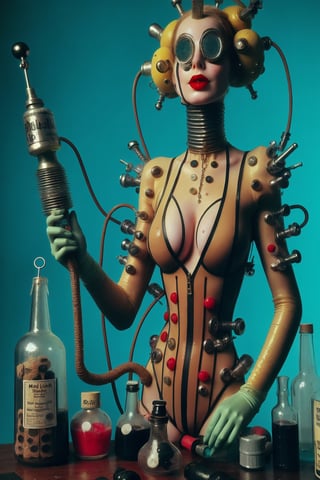 trfashion photo shoot 1920´s Berlin megacity woman at home are wearing  mad doctor clothes  bizarre obscure design and spice up and juicy and tiny rods with nodules comic magazine style weird bottles and weird tonics fashion photo shoot saucylady rubbergoddess 