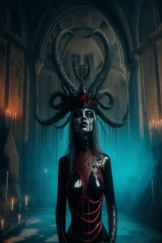 aeon old strange cathedral with occult signs and paintings sinister atmosphere surrounding the area with creepy slithering mist and eerie light a woman wearing black red ice blue and repulsive green wholebodyrubbersuitofaancient priestes with entwined dark metal crown fashion photo shoot becoming lich queen