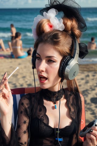 1800´s glamour model woman listening to death metal on her headset at the beach