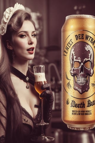 1800´s glamour model woman on beer commercial for the brand new death metal beer strong and tasty