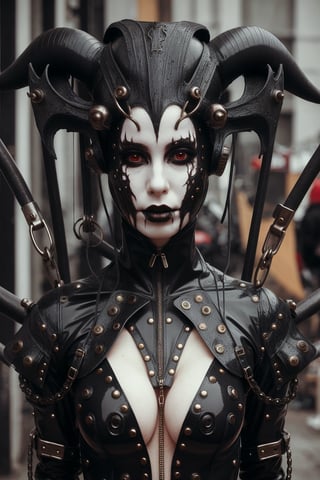 woman wearing whole body rubbersuit with straps and metal parts,she looks like pale demon,fantasy clothes obscure fantasy