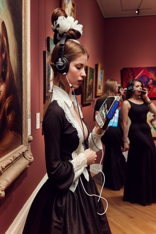 1800´s glamour model woman listening to death metal on her headset at art gallery