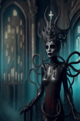 aeon old strange cathedral with occult signs and paintings sinister atmosphere surrounding the area with creepy slithering mist and eerie light a woman wearing black red ice blue and repulsive green wholebodyrubbersuitofaancient priestes with entwined dark metal crown fashion photo shoot becoming lich queen