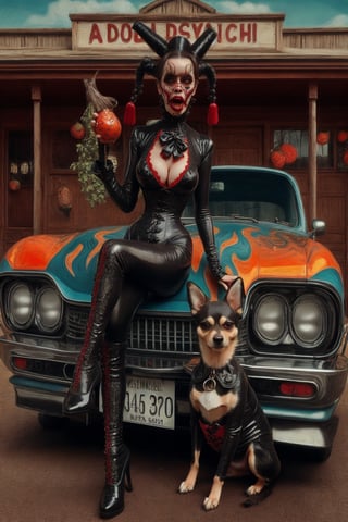 madam goobash and and her demonic chihuahua wearing the latest and greates of fashion in wholebodyrubbersuit victorian era  spicy and juicy 1800´s vintage add