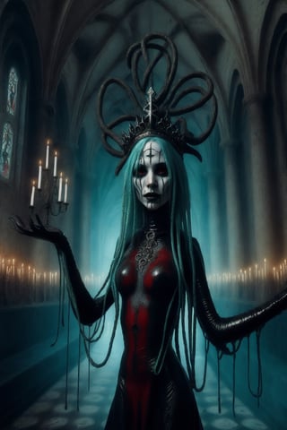 aeon old strange cathedral with occult signs and paintings sinister atmosphere surrounding the area with creepy slithering mist and eerie light a woman wearing black red ice blue and repulsive green wholebodyrubbersuitofaancient priestes with entwined dark metal crown fashion photo shoot becoming lich queen