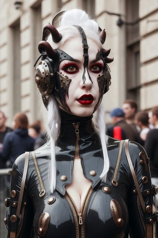 woman wearing whole body rubbersuit with straps and metal parts,she looks like pale demon,fantasy clothes obscure fantasy