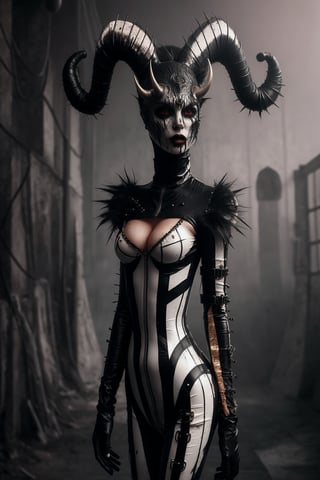 woman wearing whole body rubbersuit with straps and metal parts,she looks like pale demon,fantasy clothes obscure fantasy