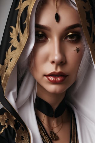 female sorceress mystic robes colored half black and half white with golden outlines fashion photoshoot