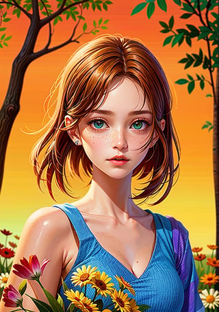 A girl in a sunlit forest, framed by an orange backdrop. Her fair skin glows, hazel eyes reflecting nature's hues, and chestnut hair dances like flames. She wears colors that harmonize, a wisp of hair swaying. Freckles adorn her cheeks like constellations. Her eyes, a focal point, convey unspoken emotions. With a basket of wildflowers in hand, she's connected to nature. Light and shadow play, adding depth to this captivating 8K masterpiece.