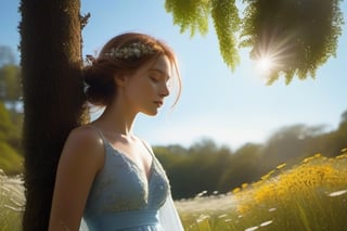 "Compose a spellbinding image: a girl in a sun-dappled forest, cinematic brilliance in 8K. Her hazel eyes, radiant skin, and flowing chestnut hair exude ethereal realism. Draped in a light blue floral dress that whispers of adventures, she's bathed in sunlight's embrace, each fold and strand detailed to perfection. A stray wisp of hair dances in the breeze, and freckles grace her cheeks like stardust.

Captivate with contrasts as light and shadow waltz, casting intricate patterns on her figure. One hand delicately holds a profusion of wildflowers, while the other grazes the vibrant leaves nearby. This moment transcends art, inviting all into its cinematic narrative.