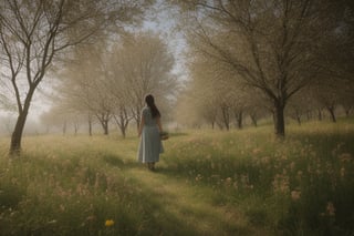 Generate a high-resolution, realistic image of a young girl with a thoughtful expression. The girl should have fair skin, hazel eyes, and medium-length chestnut brown hair. She should be depicted outdoors in a natural setting, standing under dappled sunlight filtering through trees. Her attire should consist of a light blue dress with floral patterns, and she should be holding a basket of wildflowers in one hand while her other hand lightly brushes against the leaves of a nearby tree. Capture a sense of tranquility and connection with nature in the image. Ensure that the lighting and shadows are consistent with the environment to create a convincing and lifelike portrayal