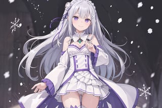 (masterpiece, best quality, ultra detail, beautiful face, nice hands, perfect hands,  1girl, solo, smile, cowboy shot), 
snowing, snow forest, 
emilia, re:zero, silver hair, crown braid, purple eyes, cleavage, pointy ears,white dress, pleated white skirt, white thigh boots, white flower hair ornament, hair ribbon, long sleeves,emilia_\(re:zero\), skirt up, panties,