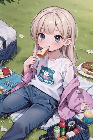 masterpiece, 2_girls, bangs, long_hair, denim_pants, white_shirt, park, grass, picnic, eating