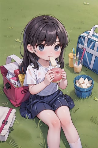 masterpiece, 2_girls, bangs, long_hair, skirt, white_shirt, park, grass, picnic, eating