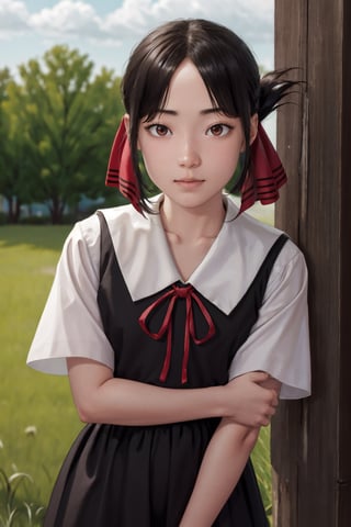 masterpiece, best quality, highres, bbkaguya, short hair, folded ponytail, hair ribbon, parted bangs, neck ribbon, red ribbon, pinafore dress, white shirt, short sleeves, , standing, cowboy shot, outdoors,aakaguya