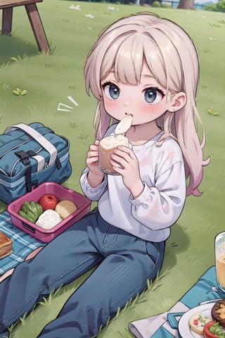 masterpiece, 2_girls, bangs, long_hair, denim_pants, white_shirt, park, grass, picnic, eating