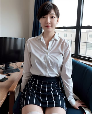 1girl, solo,full body:1.3, standing:1.1, huge droppy breasts, a salon style long brown hair, wearing a (skirt, shirt, thighhighs, long sleeves,white shirt, necktie, collared shirt, black thighhighs, black necktie, pencil skirt, high-waist skirt, shirt tucked in),  a stunning pretty and beautiful Korean hot model, 22yo, bright happy smile:1.2, small K-pop idol face, dusk, blue hour, sunset, night, realistic, ultra detailed, photorealistic, ultra high res, 8k, best quality, masterpiece, perfect anatomy, window, chair, office lady, monitor, office, big brown eyes, parted lips, pink lipstick, sitting, indoor, {{{masterpiece}}}, {{{best quality}}}, {{ultra-detailed}}, {illustration}, {{an extremely delicate and beautiful}}, 