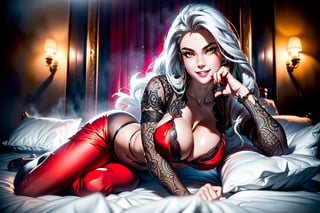 A female, wearing black lingerie with red parts, large breasts, straight hair, silver hair, long hair, hair with bangs in front of the eyes, red eyes, looking at the viewer, flirtatious smile ((((erotic pose lying on a bed)), ((full body): 1. 5), 16k, UHD, best possible quality, ultra detailed, best possible resolution, Unreal Engine 5, professional photography, well detailed fingers, well detailed hand, well detailed face, well detailed face, well detailed face, well detailed body, perfect_hands,
