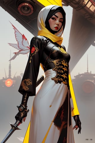 1perfect bird,animal,android Cockatoo metal,white and yellow body,spread metal wings,futureaodai,cinematic light,Science Fiction,Endsinger,hijabsteampunk,weapon