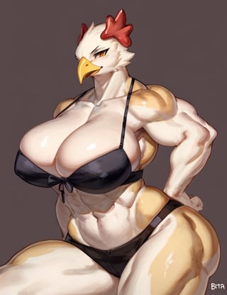 Furry, anthro, Female, E621, Chicken, Muscular Body, White Skin, Big Ass, Big Breasts, Defined Curves, Hands squeezing breasts, Simple image background, by buta99
