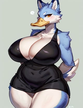 furry, anthro, Female, E621, Duck, Blue fur, big curves, front view, hands behind the back, huge ass, huge breasts, simple image background, by  buta99