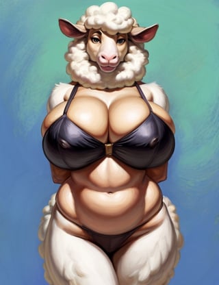 Hairy, Anthro, Female, E621, Sheep, White Fur, Big Curves, Front View, Hands Behind Back, Huge Ass, Huge Breasts, Plain Background, by meesh
