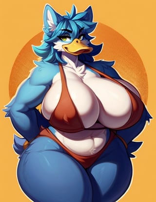 furry, anthro, Female, E621, Duck, Blue fur, big curves, front view, hands behind the back, huge ass, huge breasts, simple image background, by  Coffeesoda