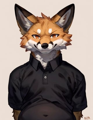 Furry, anthro, Fox, Male, E621, Chubby Body, Black Fur, Front view, Small Penis exposed, Hands behind the back, simple image background, by buta99