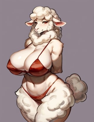 Hairy, Anthro, Female, E621, Sheep, White Fur, Big Curves, Front View, Hands Behind Back, Huge Ass, Huge Breasts, Plain Background, by Buta99
