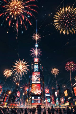 New York Times Square, midnight,
The fall of a New Year's ball, (in the sky of fireworks, a legible and perfectly printed large inscription "Happy NEW YEAR 2024"), Christmas, Christmas picture, silhouettes of people, bright fireworks, city, night, starry sky, masterpiece, high quality, cinematic, volumetric lighting, little people,Christmas