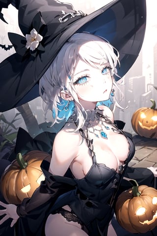 masterpiece, Beautiful woman in anime style, stylish pose, 
heart-shaped eyes, witch, Woman dressed in a spooky Halloween costume, holding a carved pumpkin, surrounded by pumpkin, 
8k, very clear, bare shoulders, looking at viewer, shoulder cutout, simple background, solo, highest quality, high resolution. 
best quality, illustration, showing panties, sax blue, platinum earrings, platinum necklace, 1girl, cute, (dynamic lighting:1.2), cinematic lighting, delicate facial features, detailed eyes, sharp pupils, realistic pupils, depth of field, bokeh, sharp focus, (hyper-detailed, bloom, glow:1.4), many small gems,faust_limbus