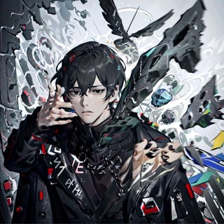 Highly detailed, High Quality, Masterpiece, beautiful, , IncursioThrowingAFatRat, rock, 1boy, ,yisang_limbus,black hair, black eyes, short hair,default_outfit,black vest, black jacket, jacket on shoulders,IncursioThrowingAFatRat