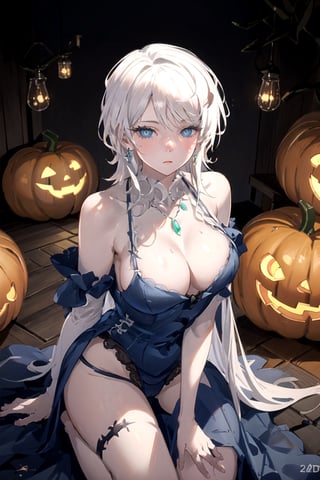 masterpiece, Beautiful woman in anime style, stylish pose, 
heart-shaped eyes, witch, Woman dressed in a spooky Halloween costume, holding a carved pumpkin, surrounded by pumpkin, 
8k, very clear, bare shoulders, looking at viewer, shoulder cutout, simple background, solo, highest quality, high resolution. 
best quality, illustration, showing panties, sax blue, platinum earrings, platinum necklace, 1girl, cute, (dynamic lighting:1.2), cinematic lighting, delicate facial features, detailed eyes, sharp pupils, realistic pupils, depth of field, bokeh, sharp focus, (hyper-detailed, bloom, glow:1.4), many small gems,faust_limbus