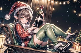  ChristmasWintery shoes,ChristmasElf,1girl, green pointy hat, striped thighs, pointy ears, green skirt, winter coat,drunk, smile,blush,bottle of wine ,riding a deer, Christmas mood, gifts,winter,ChristmasWintery,2.5D,Christmas,on a sleigh,christmas tree,More Detail,full HD