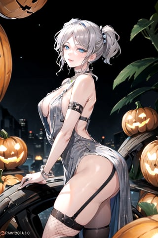 masterpiece, Beautiful woman in anime style, stylish pose, 
heart-shaped eyes, witch, Woman dressed in a spooky Halloween costume, holding a carved pumpkin, surrounded by pumpkin, 
8k, very clear, bare shoulders, looking at viewer, shoulder cutout, simple background, solo, highest quality, high resolution. 
best quality, illustration, showing panties, sax blue, platinum earrings, platinum necklace, 1girl, cute, (dynamic lighting:1.2), cinematic lighting, delicate facial features, detailed eyes, sharp pupils, realistic pupils, depth of field, bokeh, sharp focus, (hyper-detailed, bloom, glow:1.4), many small gems,faust_limbus, large ass, thick eyelashes, long eyelashes, (revealing dress:1.5 + fishnets:1.3 + arm straps:1.4 + thigh highs:1.4, large earrings, choker, bracelets,  cute smile:1.4, seductive:1.6, looking at viewer:1.4,sexy