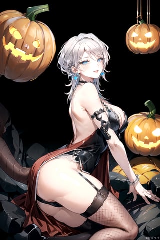 masterpiece, Beautiful woman in anime style, stylish pose, 
heart-shaped eyes, witch, Woman dressed in a spooky Halloween costume, holding a carved pumpkin, surrounded by pumpkin, 
8k, very clear, bare shoulders, looking at viewer, shoulder cutout, simple background, solo, highest quality, high resolution. 
best quality, illustration, showing panties, sax blue, platinum earrings, platinum necklace, 1girl, cute, (dynamic lighting:1.2), cinematic lighting, delicate facial features, detailed eyes, sharp pupils, realistic pupils, depth of field, bokeh, sharp focus, (hyper-detailed, bloom, glow:1.4), many small gems,faust_limbus, large ass, thick eyelashes, long eyelashes, (revealing dress:1.5 + fishnets:1.3 + arm straps:1.4 + thigh highs:1.4, large earrings, choker, bracelets,  cute smile:1.4, seductive:1.6, looking at viewer:1.4