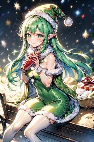  ChristmasWintery shoes,ChristmasElf, green pointy hat, striped thighs, pointy ears, green skirt, winter coat,drunk, smile,blush,bottle of wine, Christmas mood, gifts,winter,ChristmasWintery,2.5D,Christmas,on a sleigh,christmas tree, (full HD 4K+ photo),1 girl,snow,anime