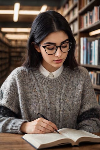 create a hyper realistic image of cute nerd type girl with glasses reading book in library, black hair, wearing  sweater, gray eyes. long dark eyebrows, long eyelashes, background of outside , 8k, high detailed, sharp focus.,