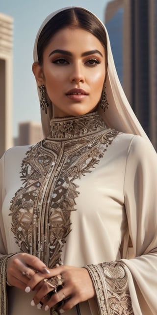 Generate hyper realistic image of a fashion-forward Middle Eastern woman with intricate henna designs, wearing a trendy abaya paired with modern accessories, exploring a futuristic desert city with towering skyscrapers.Extremely Realistic, up close, 