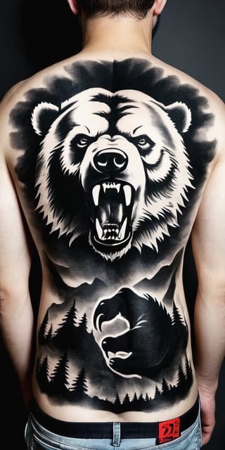 Generate hyper realistic tattoo on a man's back with a fierce grizzly bear, captured in a highly detailed, black-and-white, photorealistic style. The bear's mouth is open in a roar, showing its sharp teeth and the inside of its mouth, which adds to the aggressive and powerful impression. The eyes are intense and focused, conveying a sense of ferocity. The front paw of the bear is raised and extended forward, with long, sharp claws clearly visible. This positioning suggests an attack stance, adding to the action and intensity of the image. The fur of the bear is intricately detailed, with individual strands and varying shades of gray to create depth and realism. The texture of the fur contrasts with the smooth, dark areas of the mouth and nose. The background is abstract and blurry, composed of various shades of gray and white that suggest motion or a natural environment, like a forest.,FuturEvoLabTattoo,Andrew