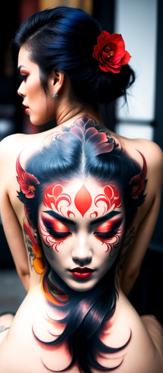 Generate hyper realistic image of a woman with an intricate and vibrant full-back tattoo. The woman is shown from behind, seated and leaning slightly to one side, allowing a clear view of her entire back. Her hair is straight and dark, falling around her shoulders. The tattoo covers her entire back. The central feature of the tattoo is a large Hannya mask. The mask has a fierce, angry expression with sharp teeth, depicted in vivid red and contrasting dark shades. The tattoo features rich, deep colors with intricate shading. he woman's hair is straight and dark, and it frames the tattoo. 