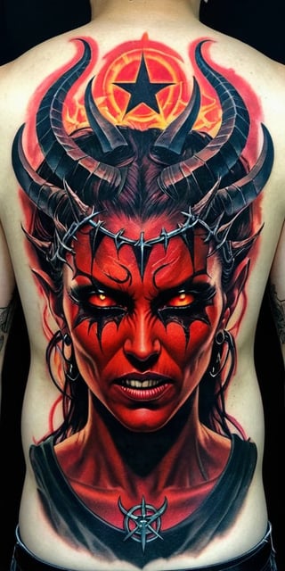 Generate hyper realistic tattoo on a man's back with a demonic woman with distinct features. She has two large, curved horns protruding from her head, which are textured and detailed. Her expression is one of defiance and aggression. She has red glowing eyes closed, her mouth open, and her tongue sticking out, revealing sharp, fang-like teeth. There is a symbol of pentagram on her forehead, adding to the demonic appearance. Surrounding her head is a circular, barbed wire-like crown of thorns. This crown adds a gothic undertone. 